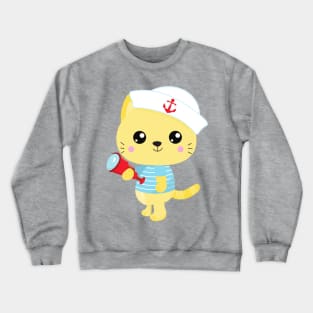 Sailor Cat, Boat Captain, Sailor Hat, Cute Cat Crewneck Sweatshirt